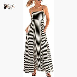 Sleeveless Maxi Dress with Pockets, Square Neck, Striped Summer Casual
